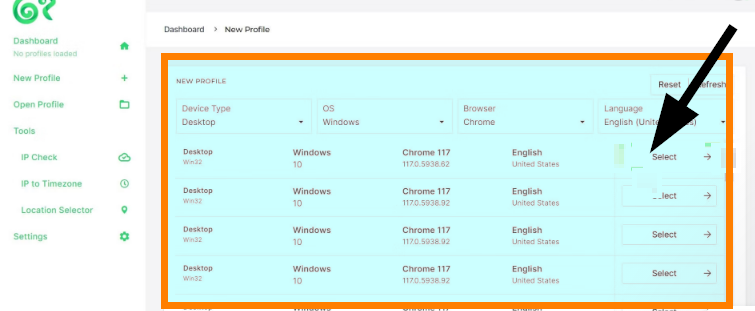 Selecting a profile in Kameleo